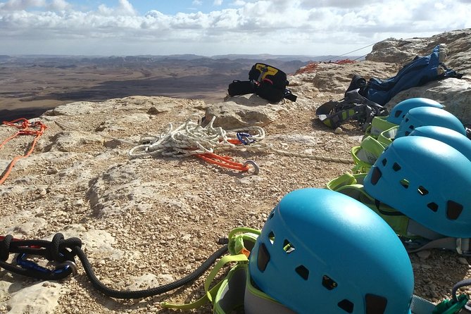 Rappelling Down the Ramon Crater Cliff - Stepping Over the Ramon Crater Edge